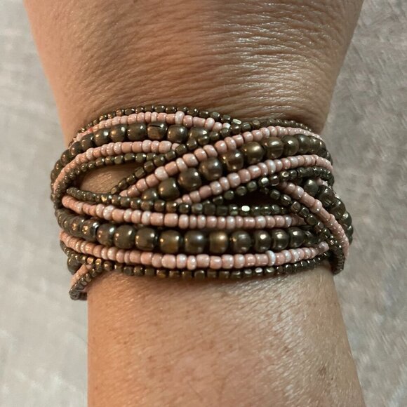 Handmade Beaded Brown & Pink Bracelet 1.5" Wide - Picture 1 of 4
